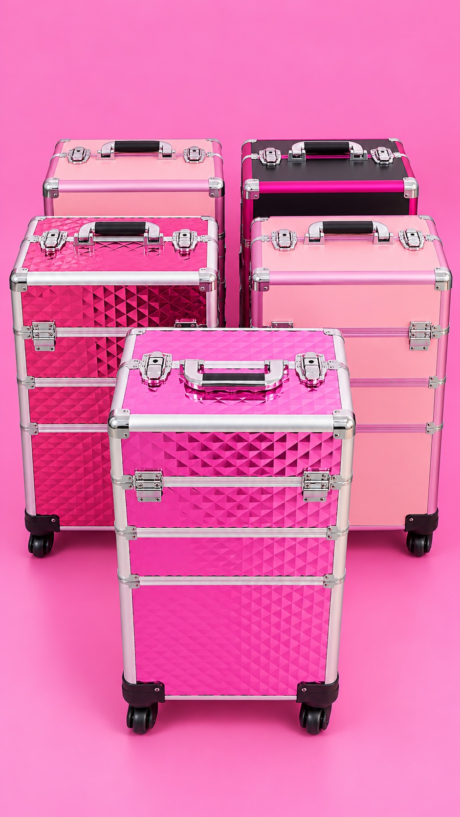 Maletines profesionales de manicura y estética en tonos rosas, con ruedas, cierres metálicos y diseños geométricos, ideales para transportar productos y herramientas de belleza.