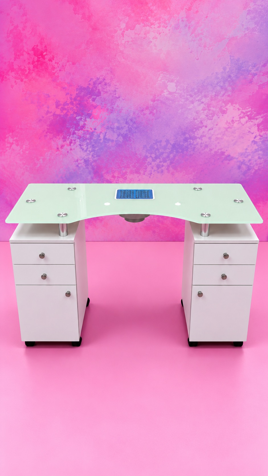 Mesa de manicura profesional con cristal verde curvado y aspirador integrado.